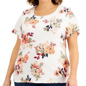 COPY - 3X Coral Flowers Karen Scott Cotton Blend Scoop Neck Short Sleeve Plus S…